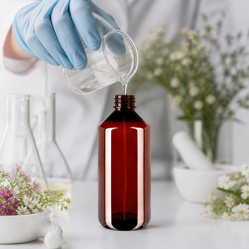 1000 ml PET medicijnfles met verstuiver wit GCMI 28/410 incl. dop transparant, standaard Hoogwaardige bruine PET-fles met brede hals, zodat deze tijdens het gebruik gemakkelijk kan worden gevuld