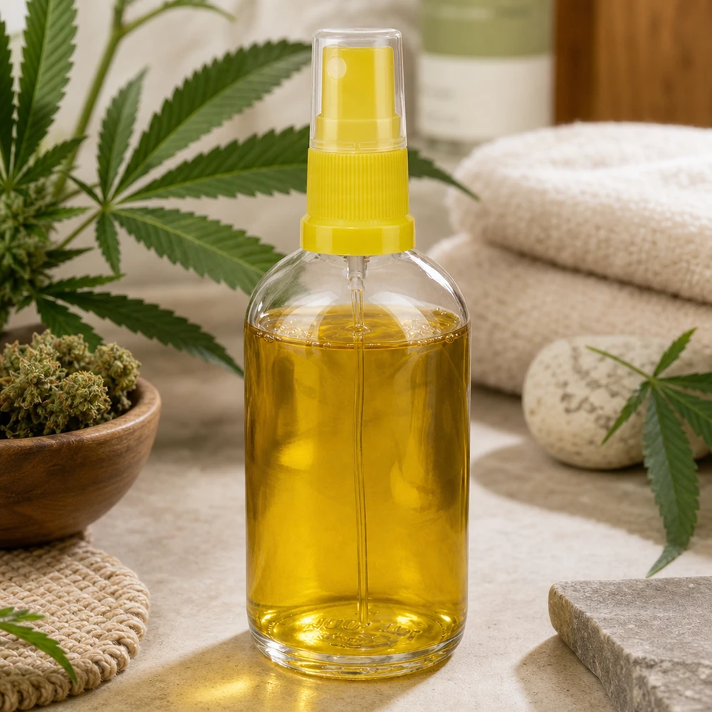 Gele spuitfles ClearLine UT18 van 100 ml, gevuld met cannabisolie, op natuursteen