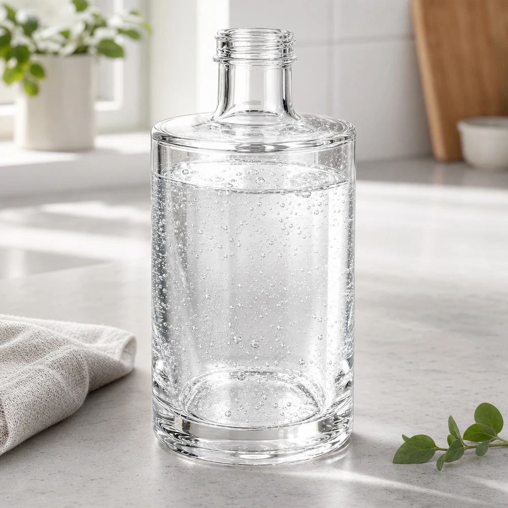 375 ml glazen fles Sam gevuld met bruisend water op een lichtgekleurd keukenblad met keukenhanddoek en plant