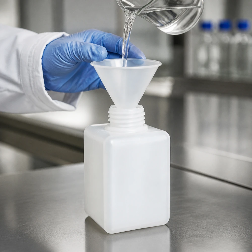 PE-HD-laboratoriumfles 100 ml, smalle hals GL 25, met doorzichtige kunststof trechter op een roestvrijstalen ondergrond