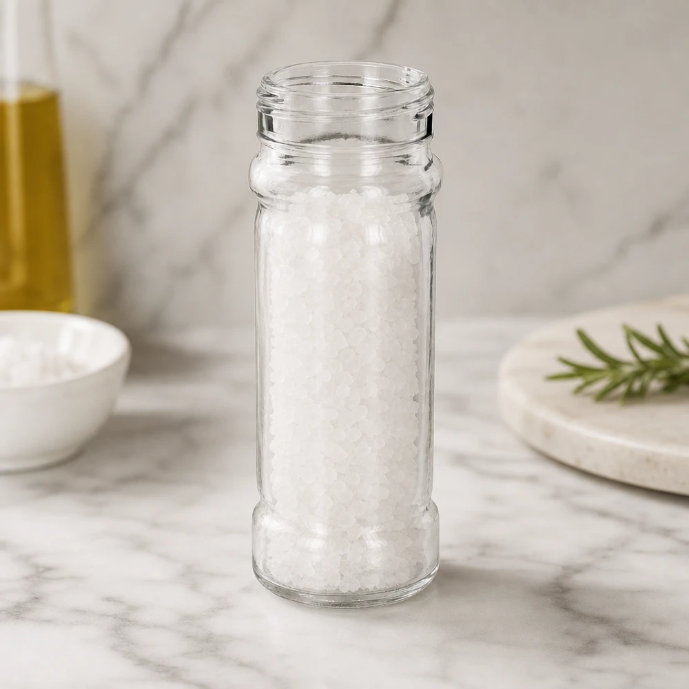 Specerijenglas, cilindervorm 100 ml met 41 mm schroefdraad, helder glas, zonder sluiting Mary-flesje van helder glas, 100 ml, met schroefdraad van 41 mm, gevuld met witte zoutkorrels – detailbeeld