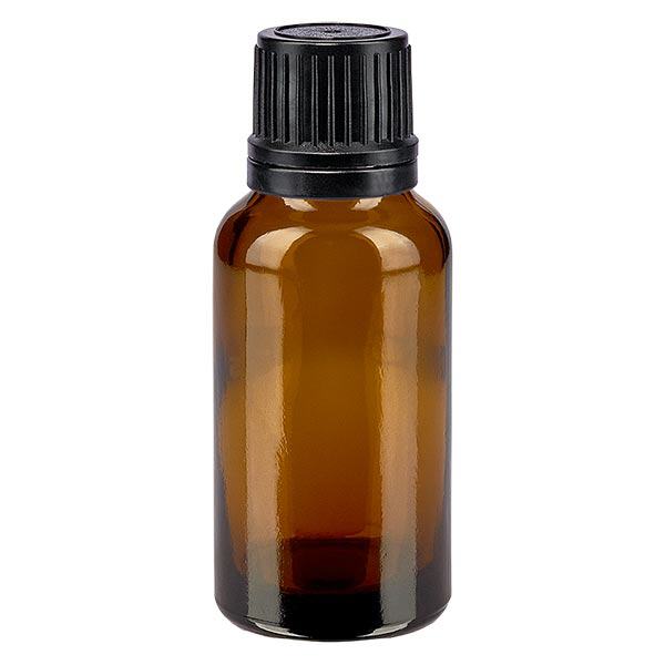 Bruine glazen fles 20ml met zwart druppelsluiting 1mm VR Bruine glazen fles 20ml met zwart druppelsluiting 1mm VR