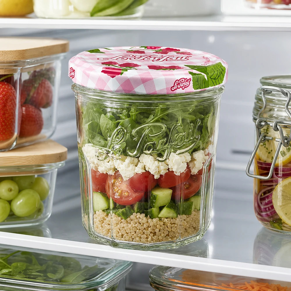 324 ml Le Parfait tumblers met gelaagde salade in de koelkast toont praktisch gebruik van de inmaakpot voor maaltijdbereiding