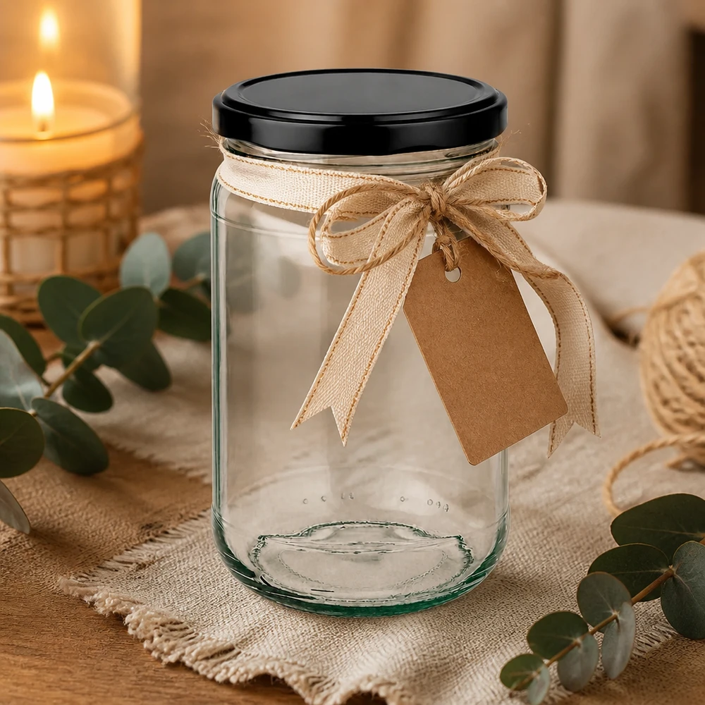 305ml rond glas UNiTWIST met zwart deksel decoratief met strik en hanger in een gezellige sfeer