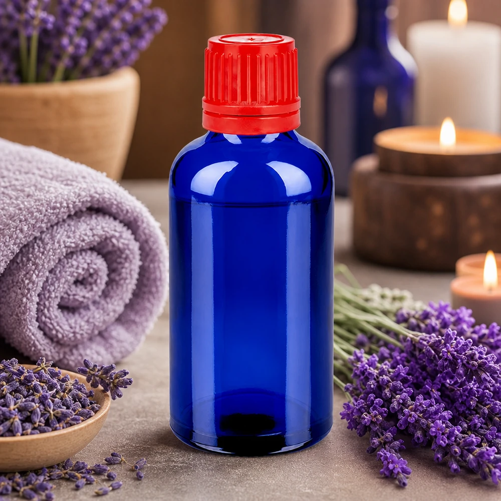 50ml cosmeticafles blauw rood voor serums en oliën SV 11mm OV BlueLine UT18/50