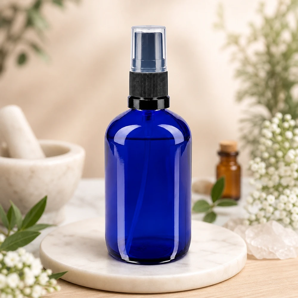 Blauwe spuitfles van 100 ml van apothekersglas met een amberkleurige fles en kristallen op de achtergrond