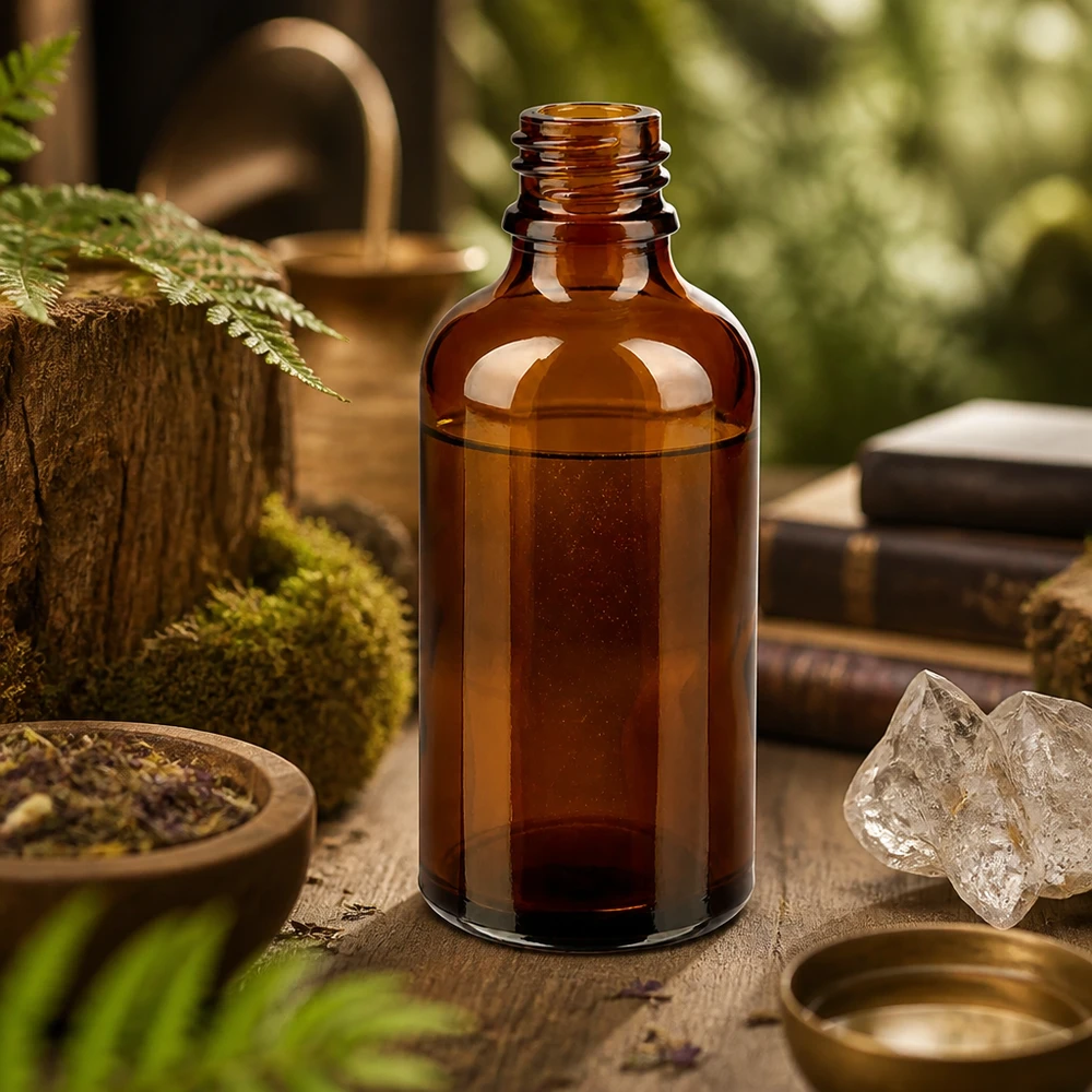 50ml bruine ApoGlas apothekersfles met natuurlijk kruidenextract tussen moskristallen en antieke boeken