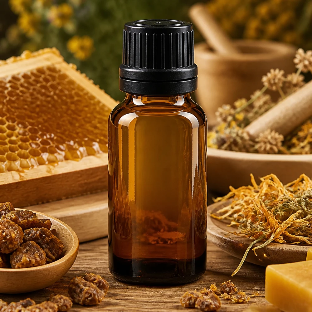 Bruine glazen fles 20ml met zwart schroefsluiting dicht. VR Hoogwaardig apothekersflesje van 20 ml in amberkleur met zwarte dop voor bijenproducten