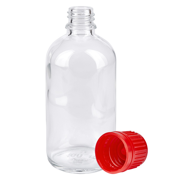 100ml fles 11mm SV rood OV ClearLine UT18/100 100 ml ClearLine-glazen fles UT18 met rode kindveilige sluiting 11 mm, SV geopend