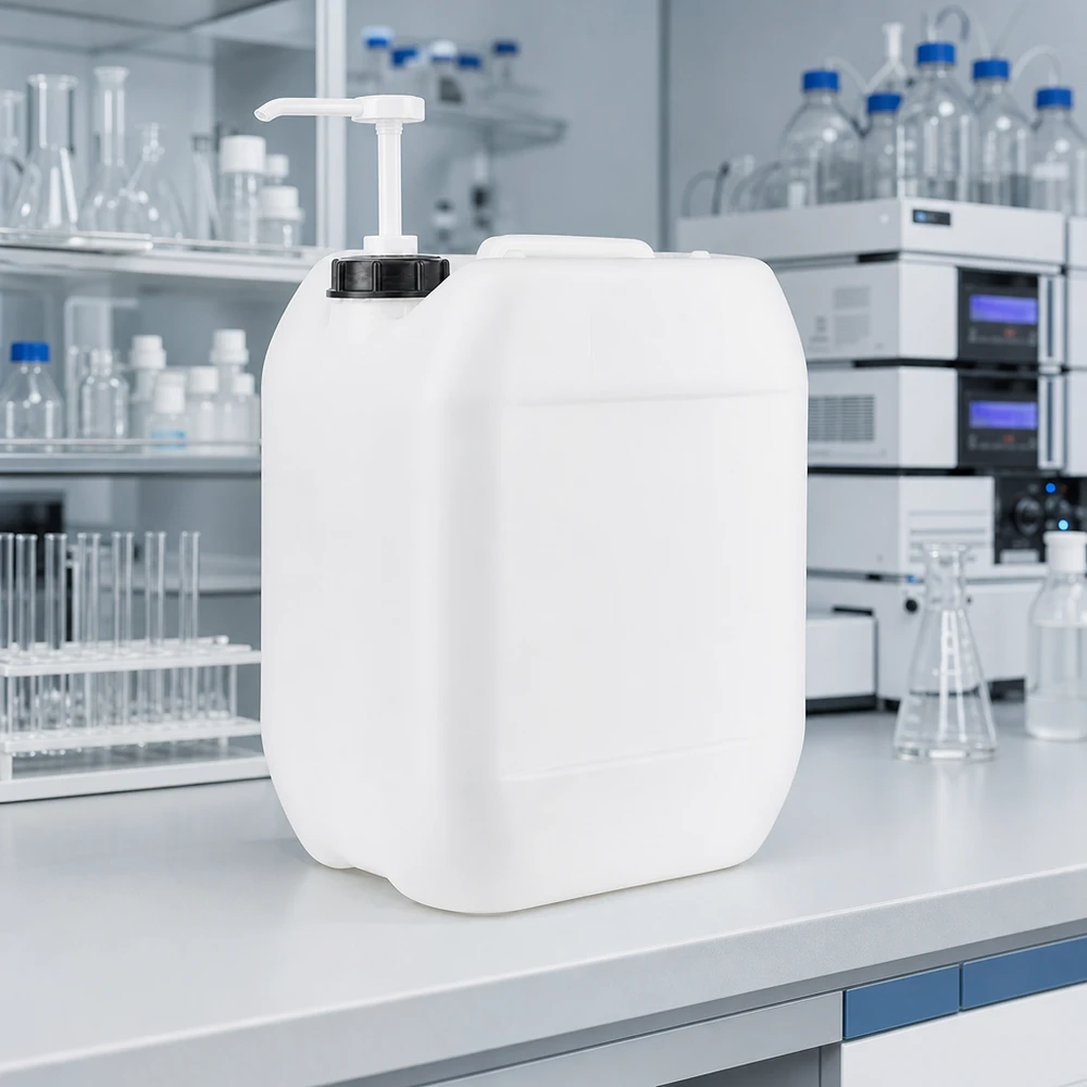 10l Jerrycan, UN-toelating, met doseerpomp Stapelbare UN-jerrycan van 10 liter met doseerpomp voor chemicaliën, reinigingsmiddelen en laboratoriumvloeistoffen