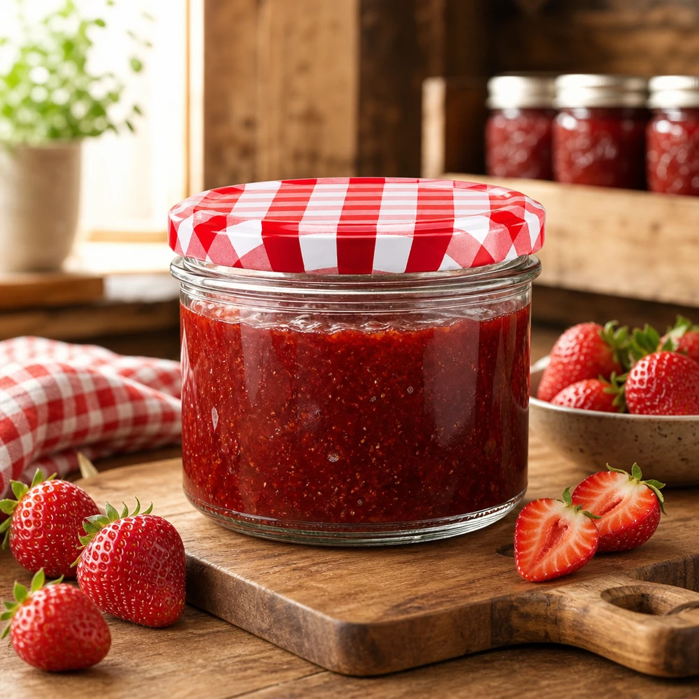 225 ml pot met aardbeienjam en rood-wit geblokt deksel naast verse aardbeien op een houten plank