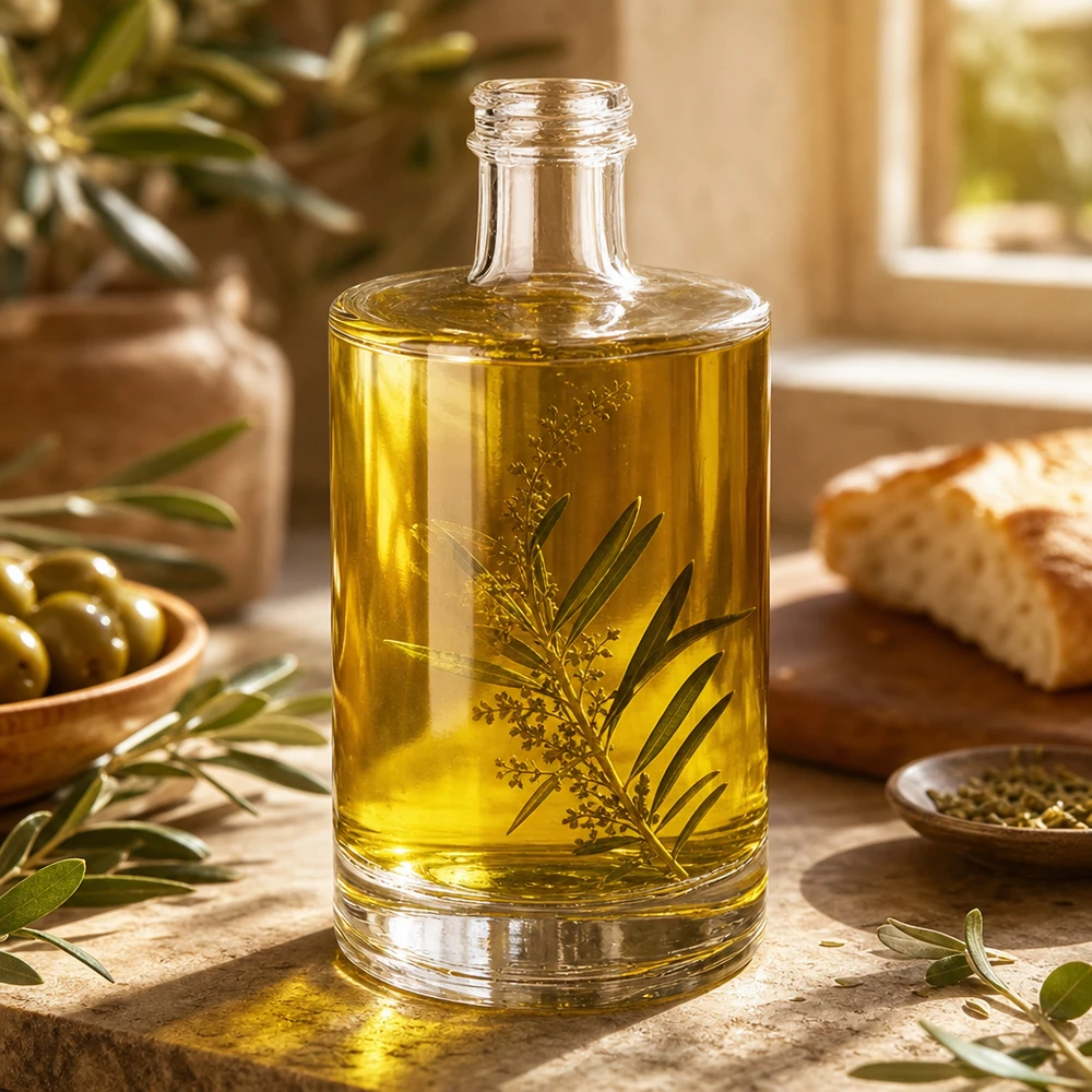 500ml glazen fles Sam gevuld met olijfolie en kruiden Gebruiksvoorbeeld Mediterrane keuken Decoratie