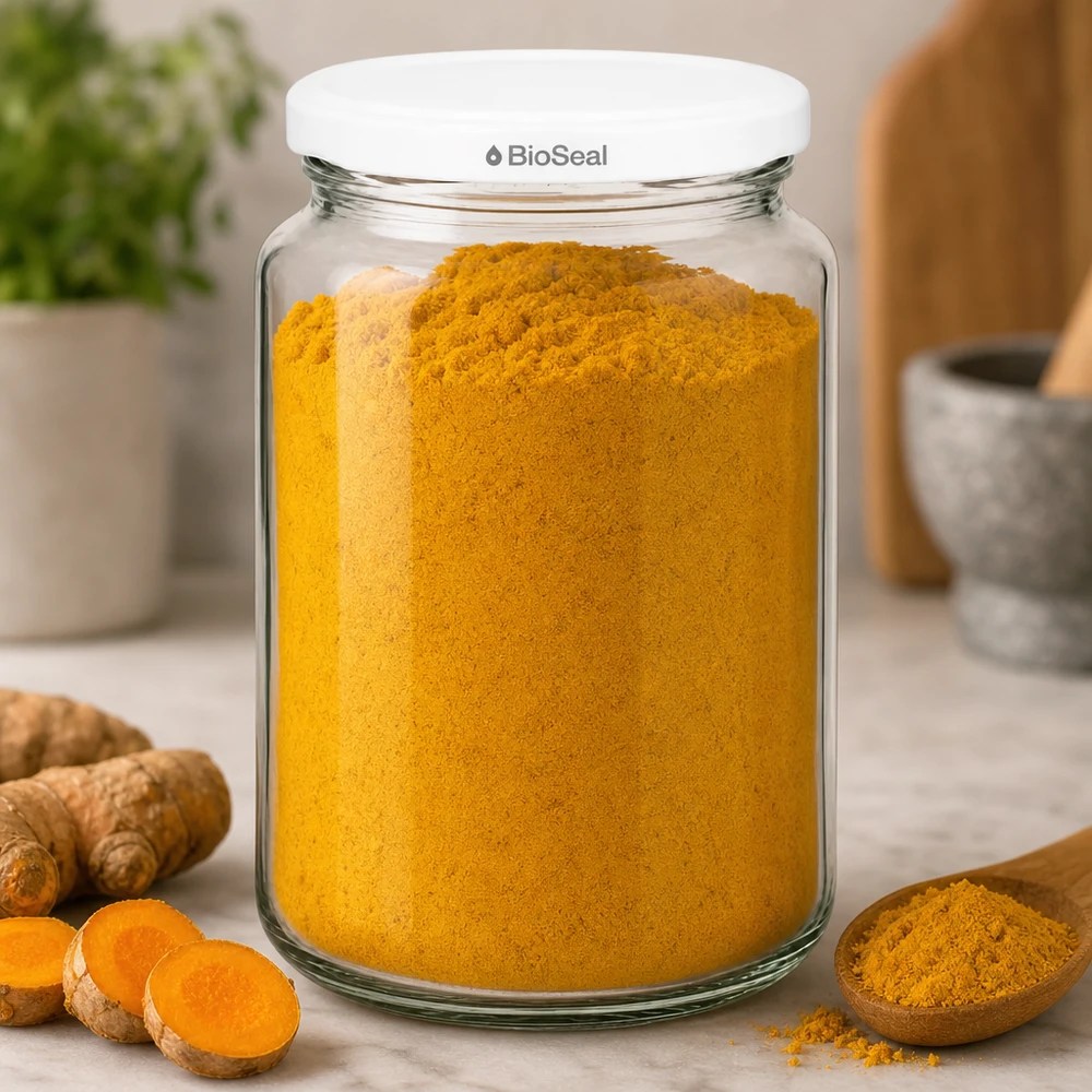 382ml rond glas met BioSeal deksel wit UNiTWIST UNiTWIST Runda382 gevuld met kurkumapoeder - kruidenopslag in een glazen potje met wit TO66 BioSeal deksel