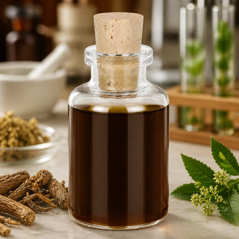 Injectiefles helder glas 30ml met kurk 11/14mm Handliche Klarglasflasche 30ml mit Naturkorken auf Marmorfläche mit botanischen Zutaten
