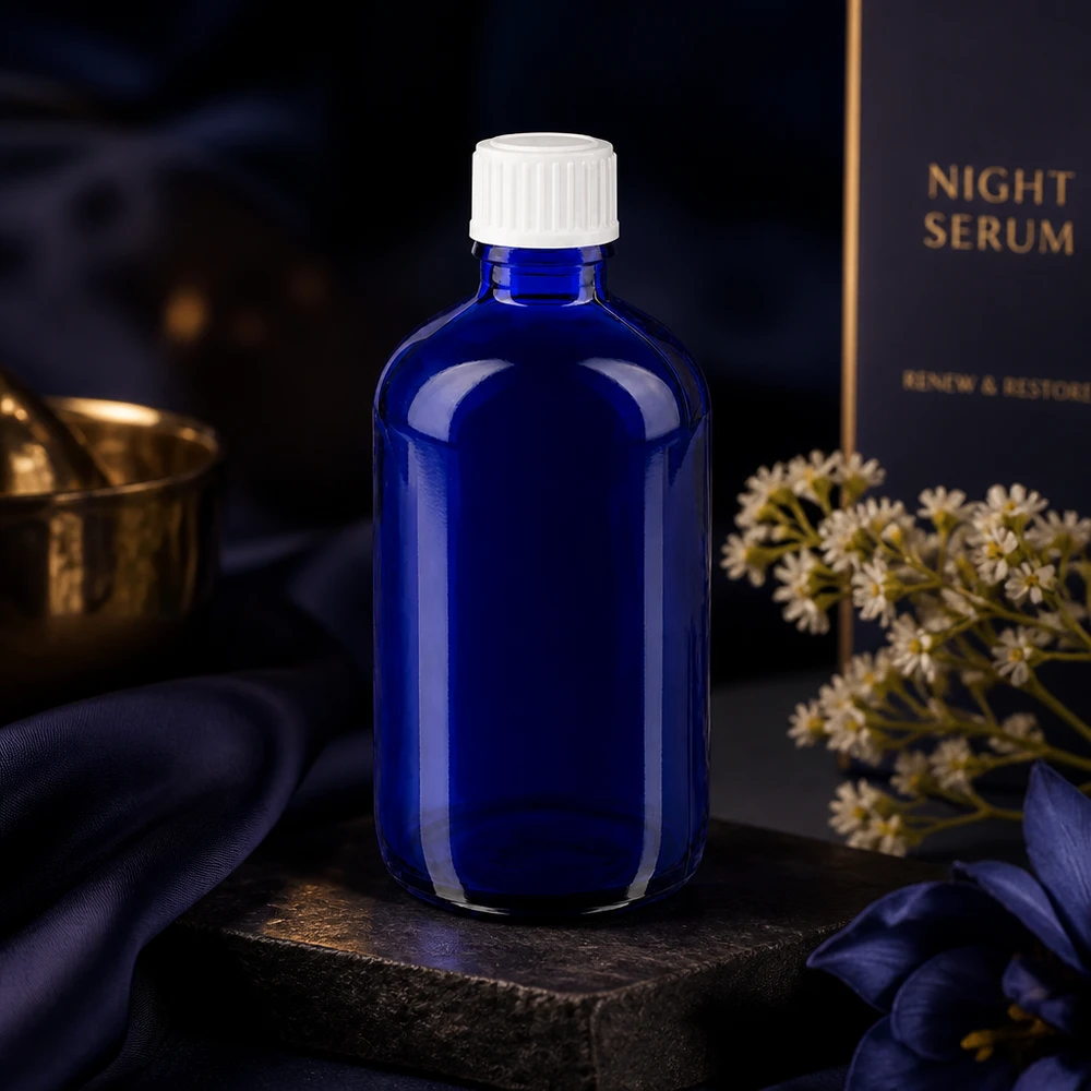 ApoGlas-flesje van 100 ml, kobaltblauw met wit SV-label, geschikt voor natuurlijke cosmetica