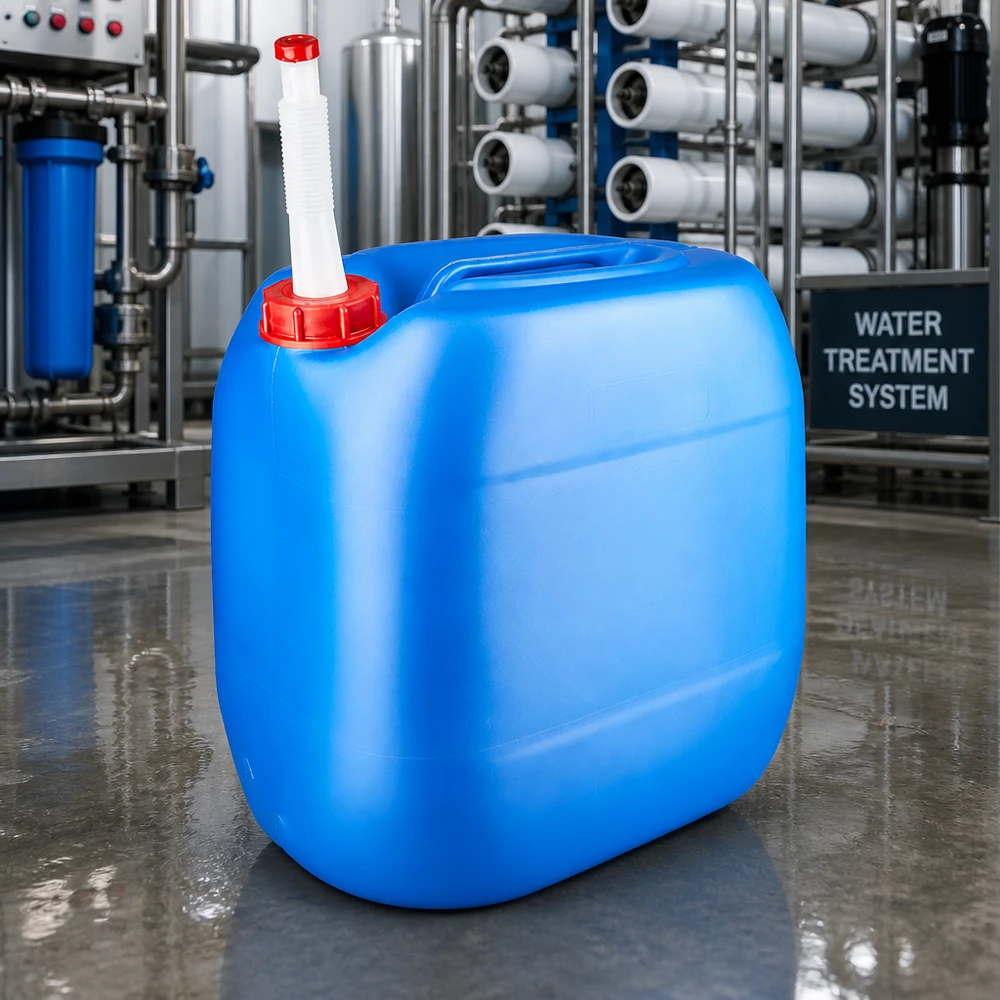 Canister 30 liter blauw met flexibele uitloop Stapelbare industriële jerrycan van 30 liter in blauw met geïntegreerd handgreepsysteem en flexibele uitloopbuis