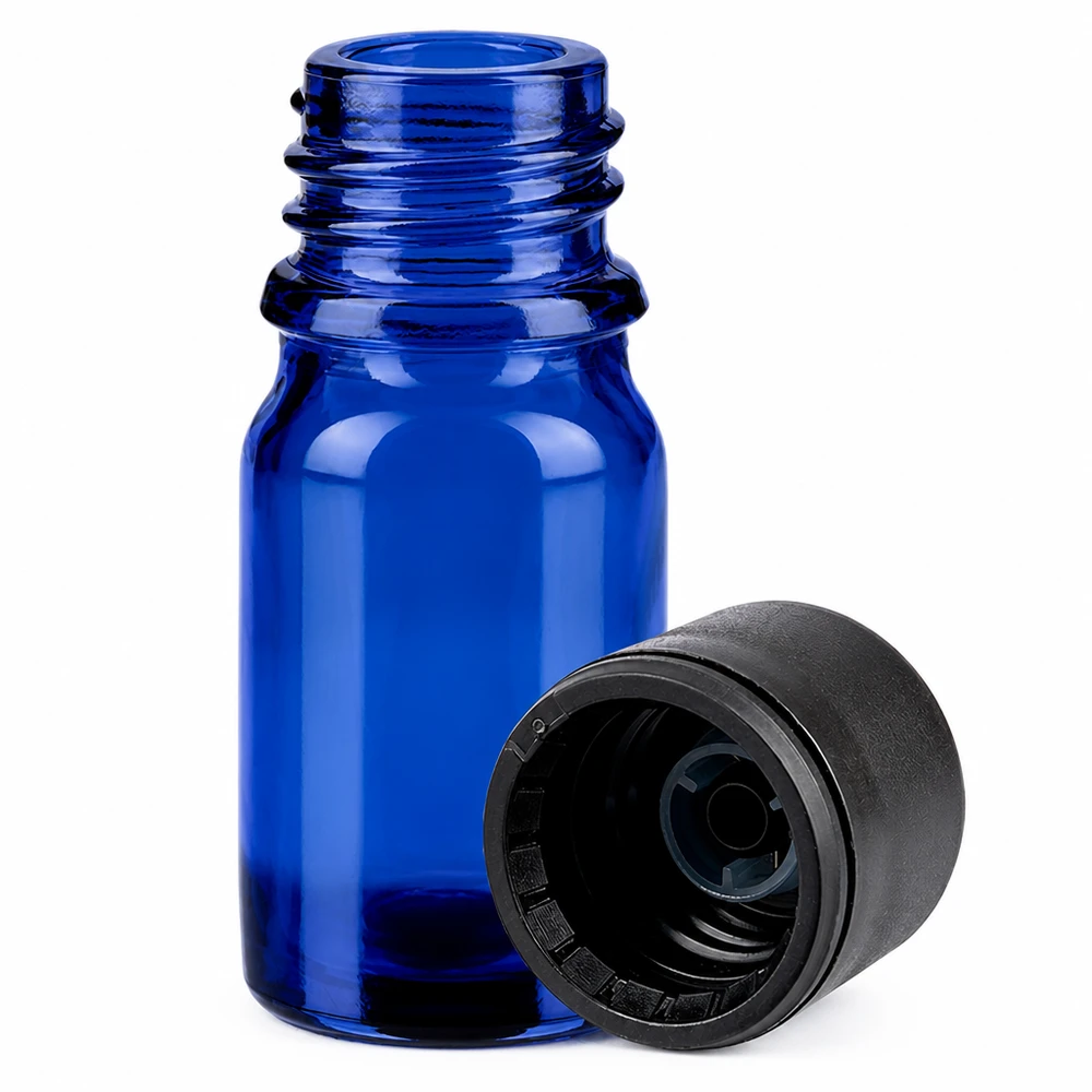 Elegant blauw glazen flesje 5ml met mat zwart deksel voor doe-het-zelf cosmetica en serums