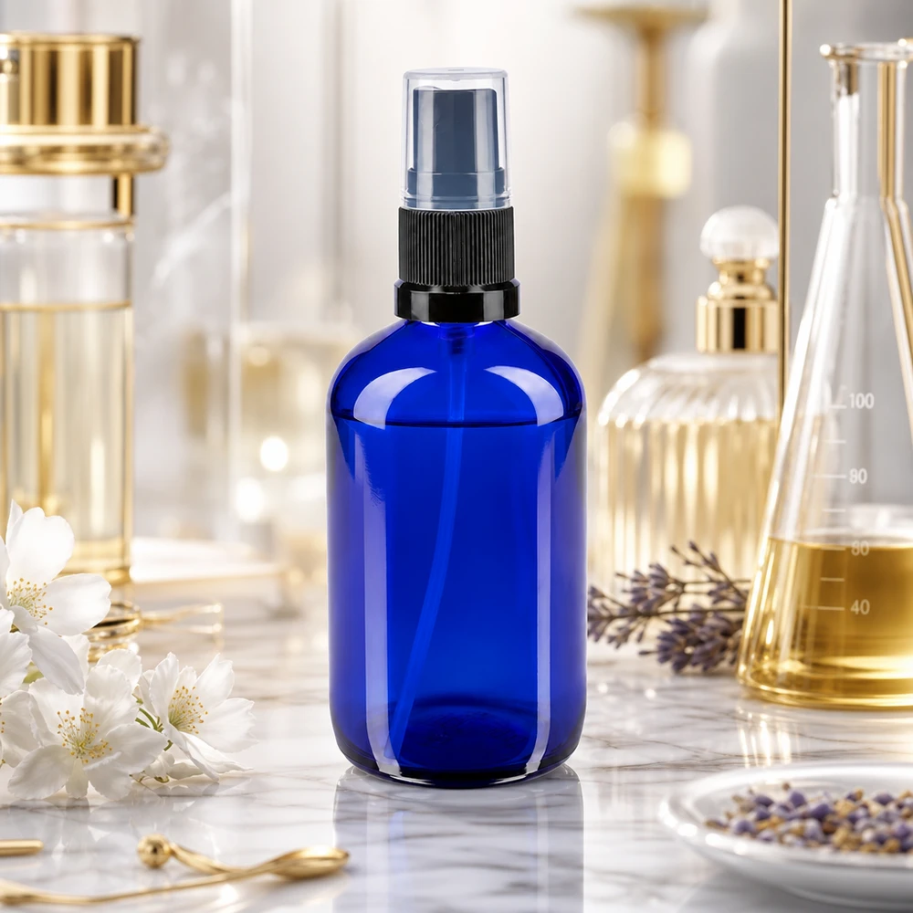 Cilindrische kobaltglazen fles van 100 ml met zwarte verstuiver in een elegante beauty-laboratoriumomgeving