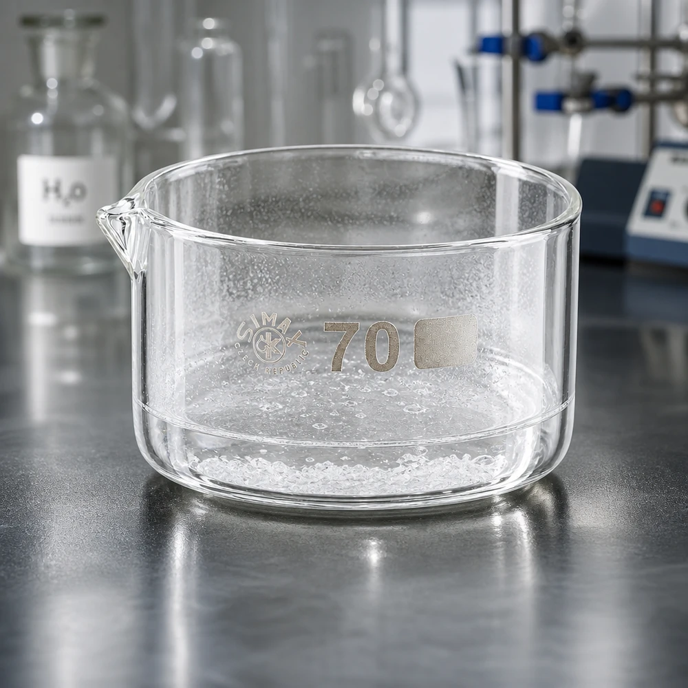 Kristalliseerschaal 100ml met schenktuit Simax-kristallisatieschaal met kristallen op de bodem en bellenvorming in een waterige oplossing – close-up