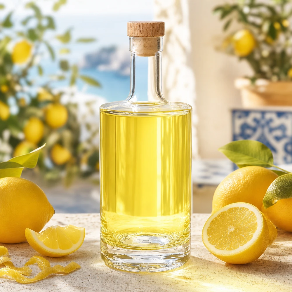 500ml glazen fles Nora gevuld met citroenlikeur mediterrane decoratie houten kurk UNiTWIST citrusvruchten