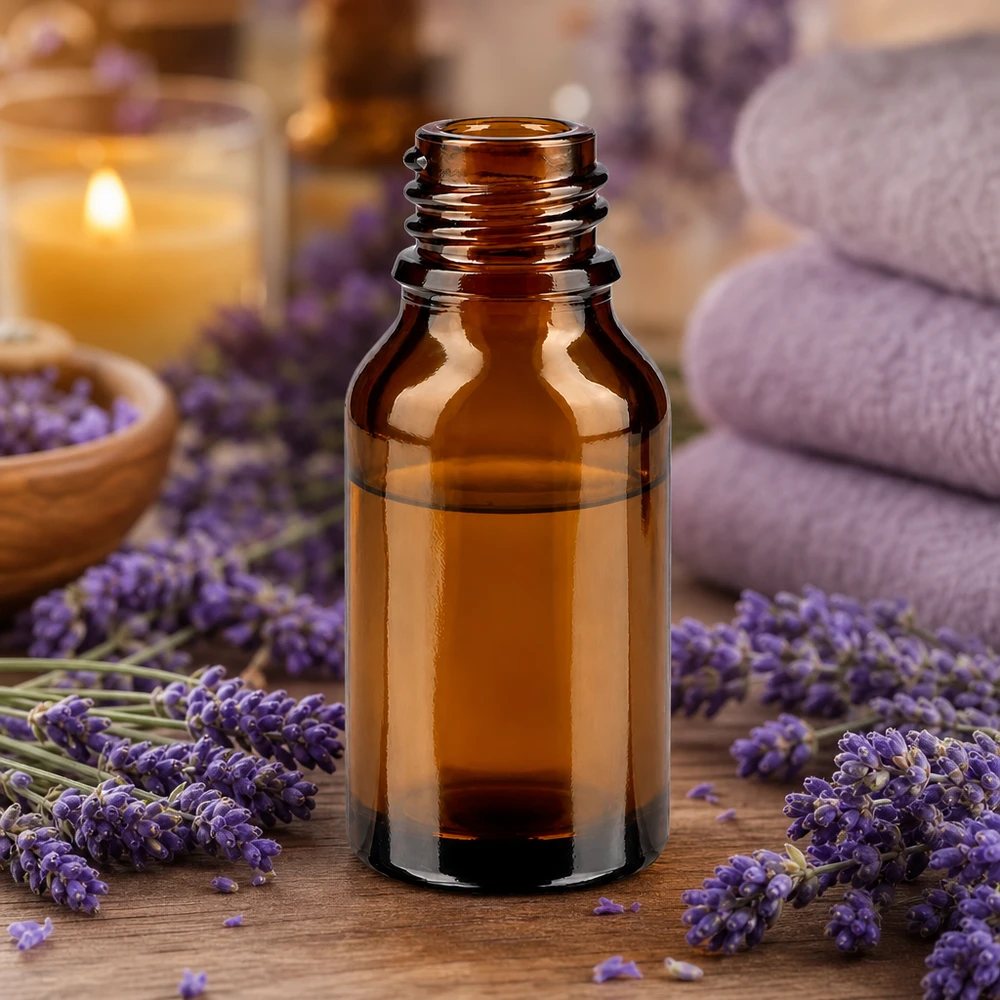 15ml bruin apothekersflesje ApoGlas met lavendelbloemen en handdoeken in een ontspannende spa-sfeer