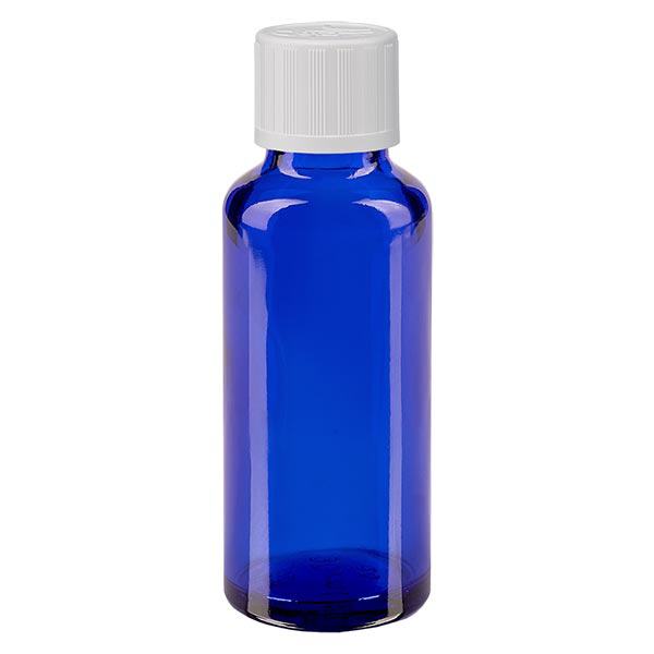 Blauwe glazen flessen 30ml met wit druppelsluiting kinderslot St Blauwe glazen flessen 30ml met wit druppelsluiting kinderslot St