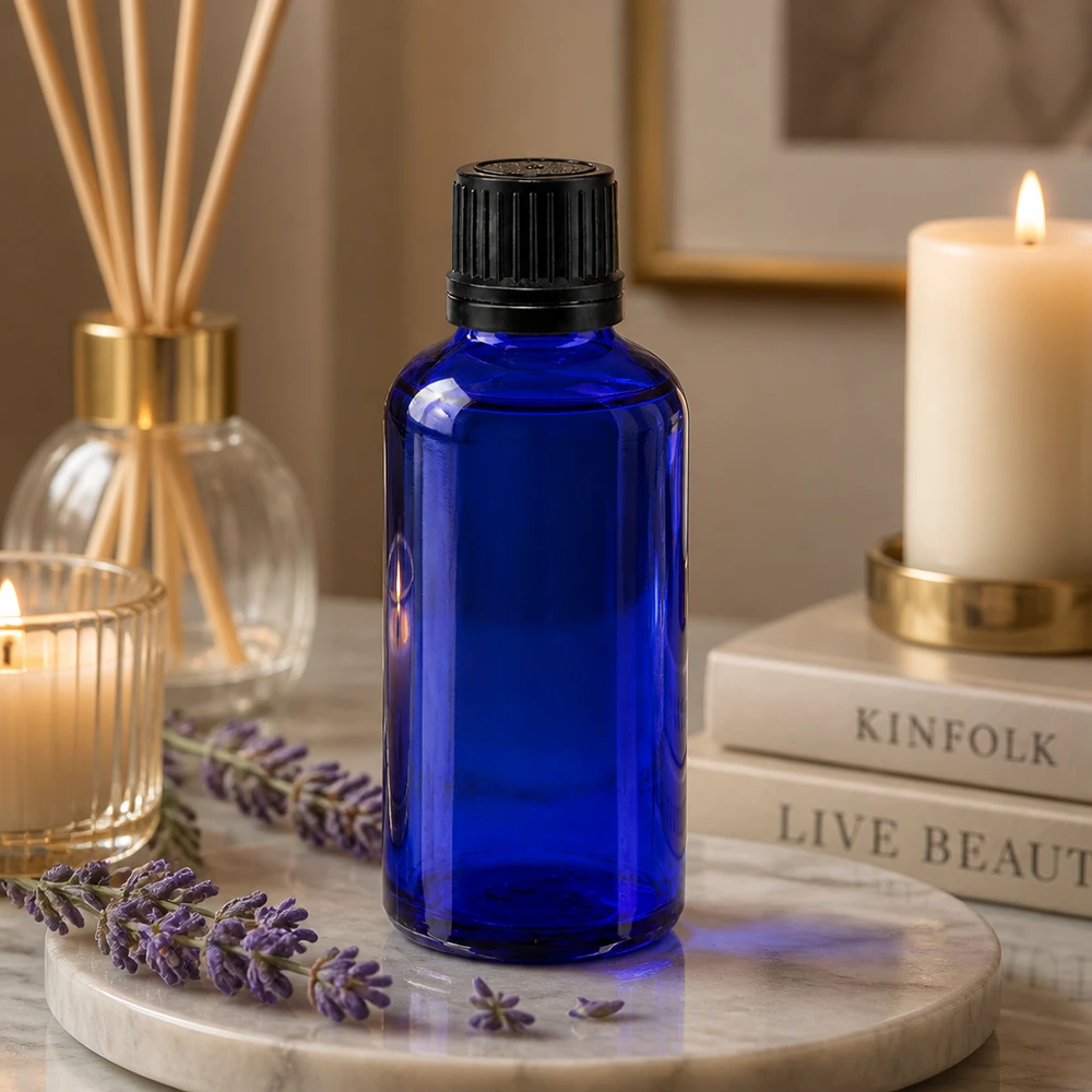Farmaceutische blauwe druppelfles van 50 ml met een nauwkeurig inzetstuk van 1 mm voor aromatherapie