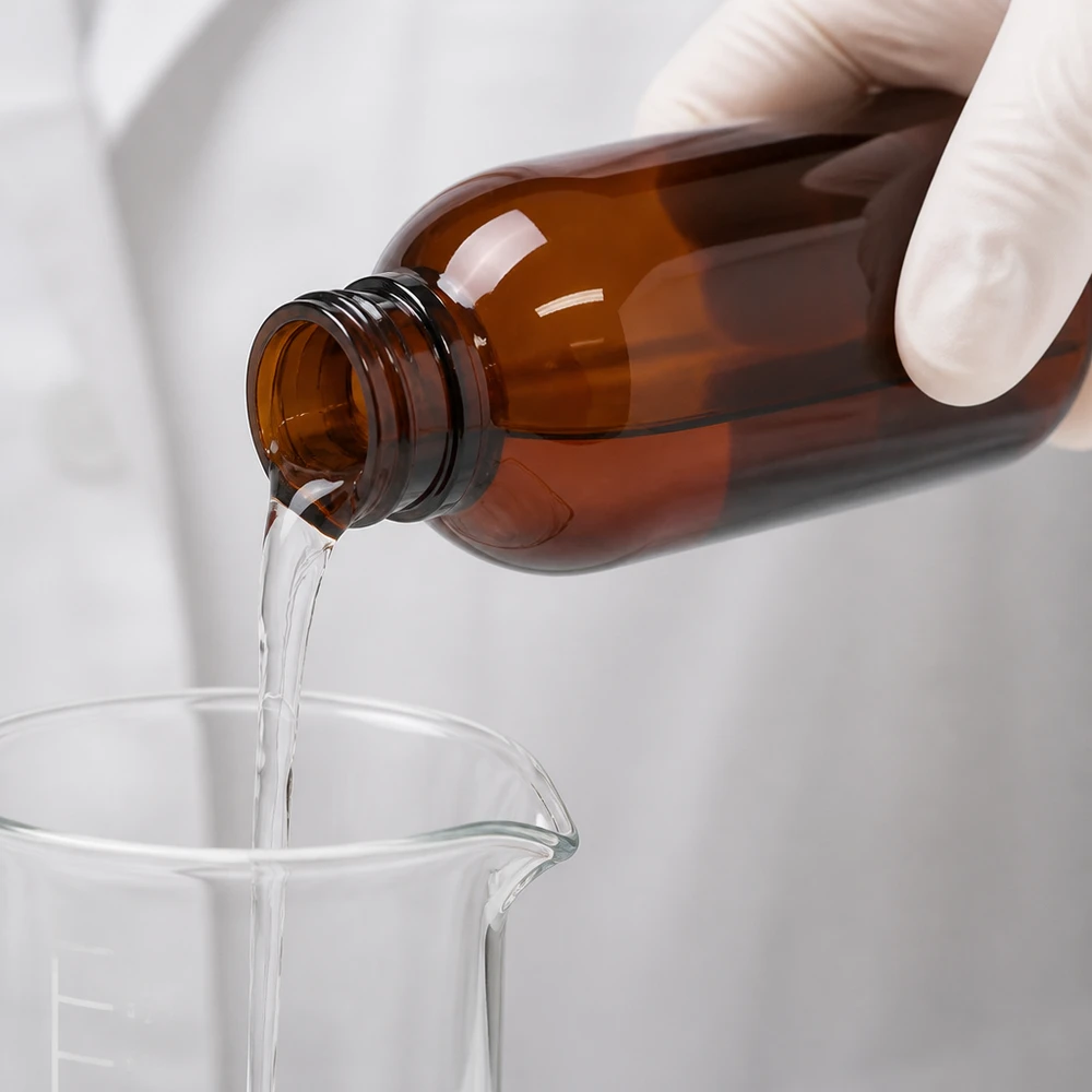 250 ml PET medicijnfles met wit dispenserpomp, standaard Abfüllvorgang im Labor mit klarer Flüssigkeit als Vorbereitung für 250ml PET Flasche mit Dispenserpumpe