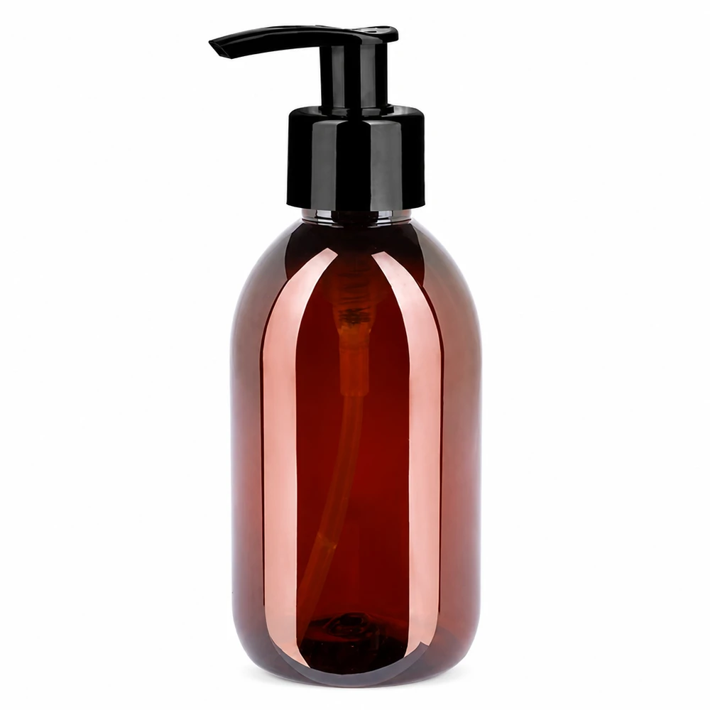 PET-fles 250ml met dispenserpomp zwart Amberkleurige PET-fles met dispenserpomp, zwart, 250 ml, voor shampoo, lotion en zeep