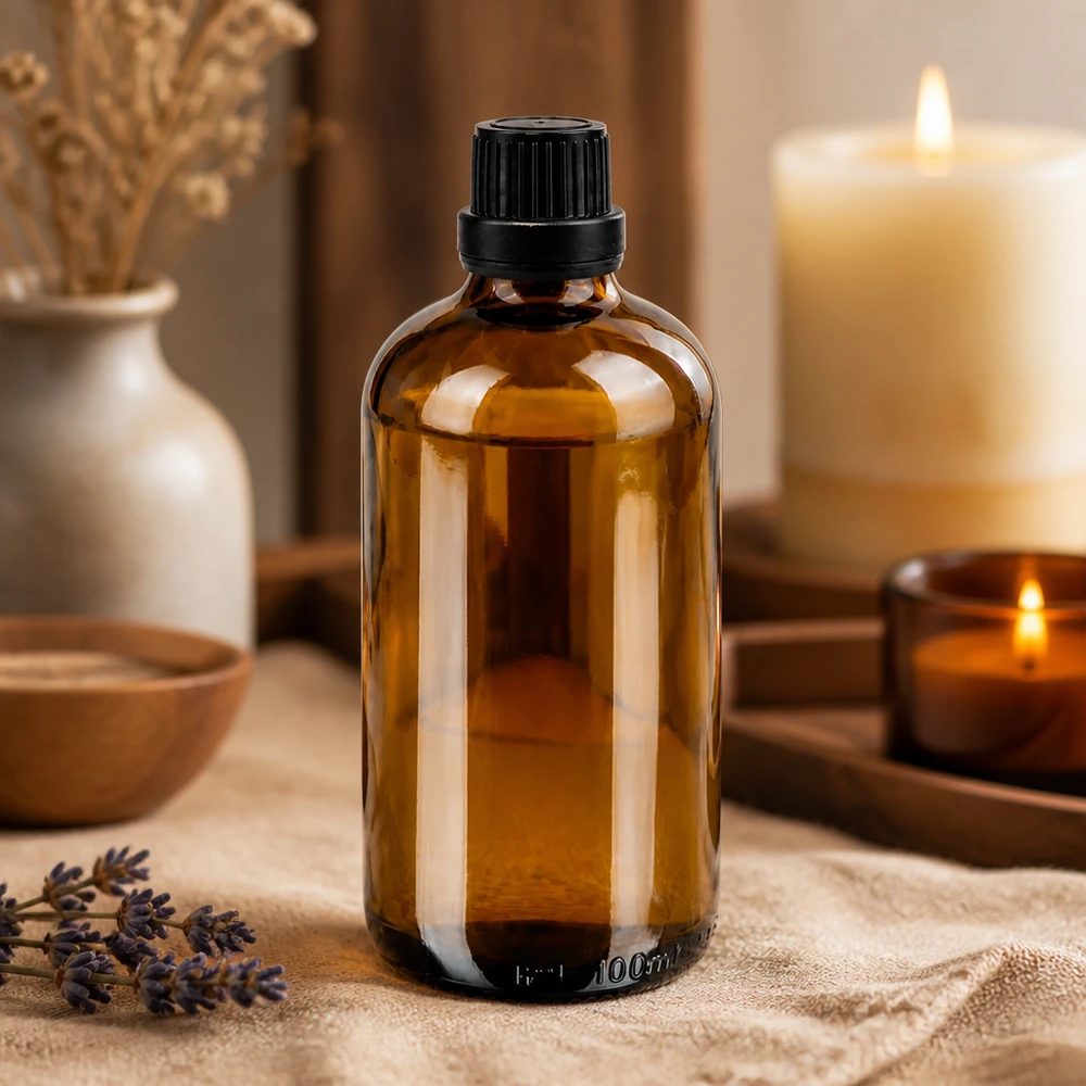 Bruine glazen fles 100ml met zwart druppelsluiting 2mm VR Apothekersflesje van 100 ml in amberkleur met een nauwkeurige druppelaar van 2 mm en een zwarte schroefdop