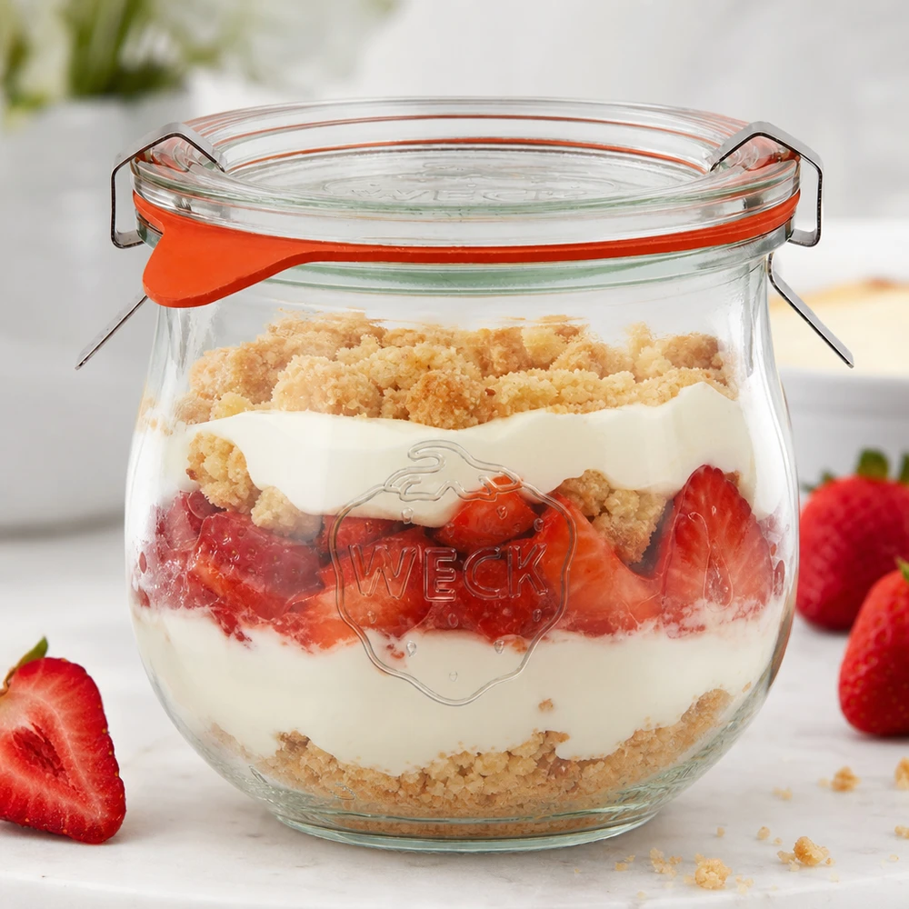 WECK tulp pot 370ml RR80 als dessert pot gevuld met aardbeien en hagelslag naast vers fruit