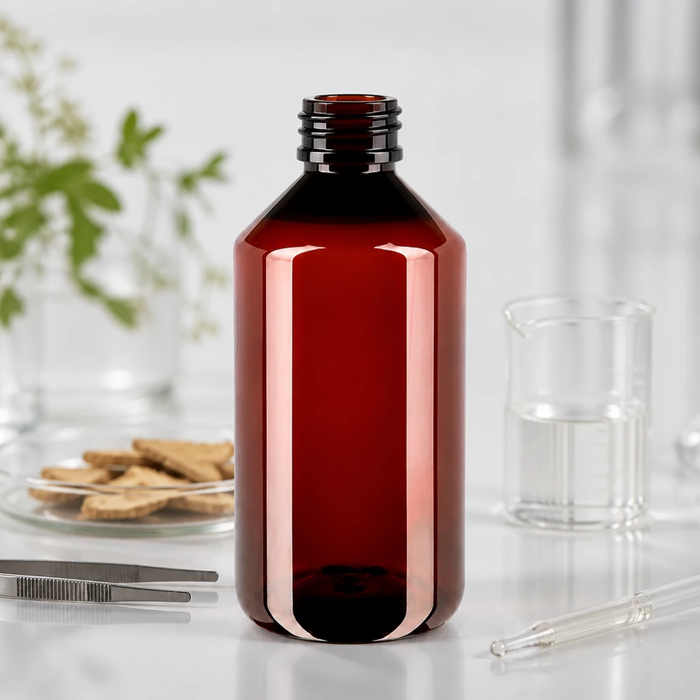 PET fles 750ml met groene verzegelstop Hoogglanzende amberkleurige PET-fles van 750 ml voor lichtgevoelige stoffen en extracten