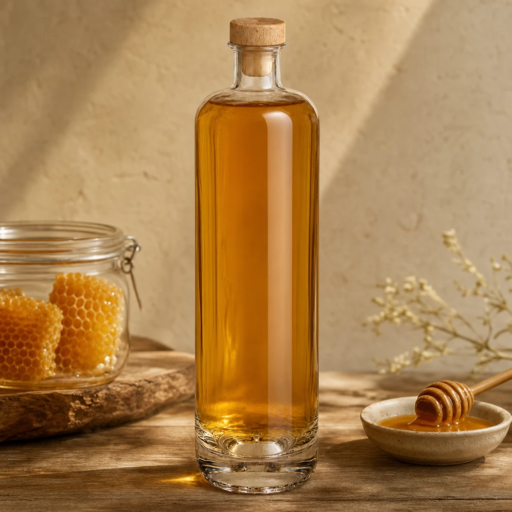 700ml glazen fles Ella gevuld met honing en houten kurk naast honingraat en honinglepel op houten voet