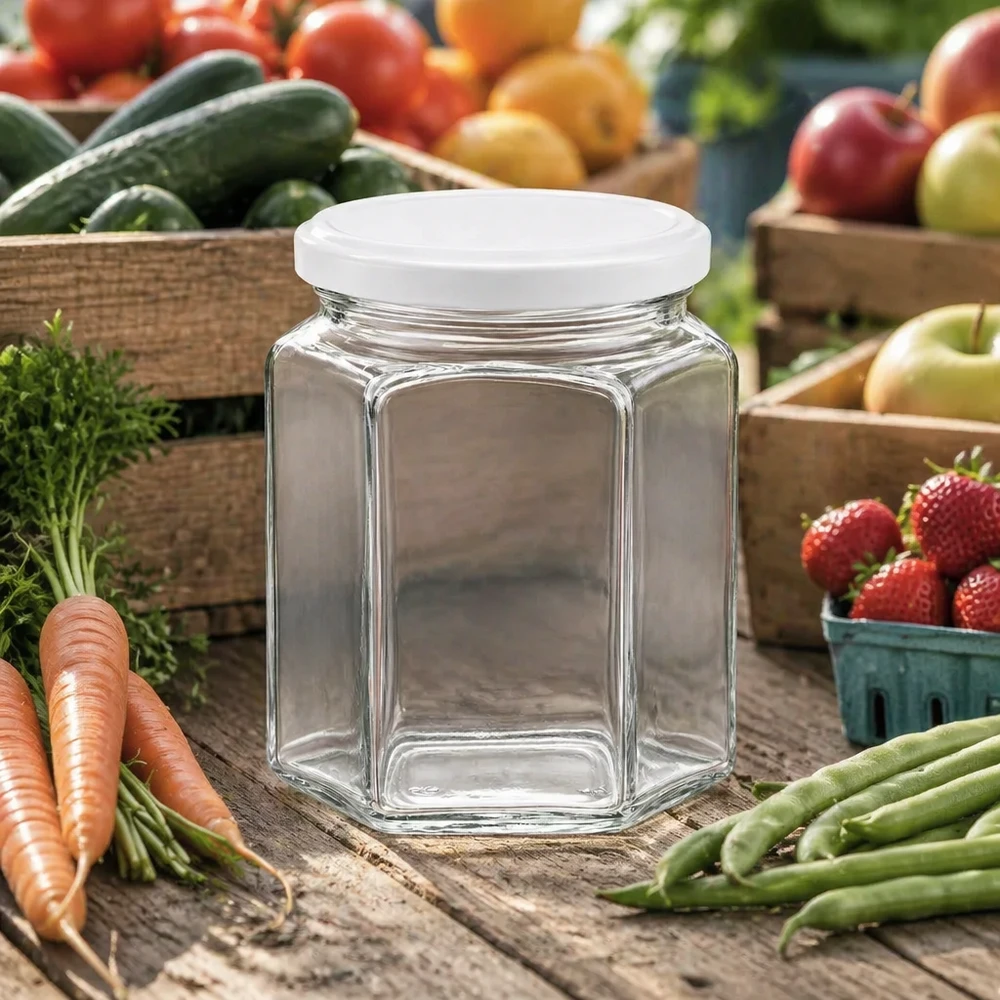 Honingpot 400g zeshoekig leeg met wit deksel tussen verse groenten en fruit op houten tafel in landhuisstijl