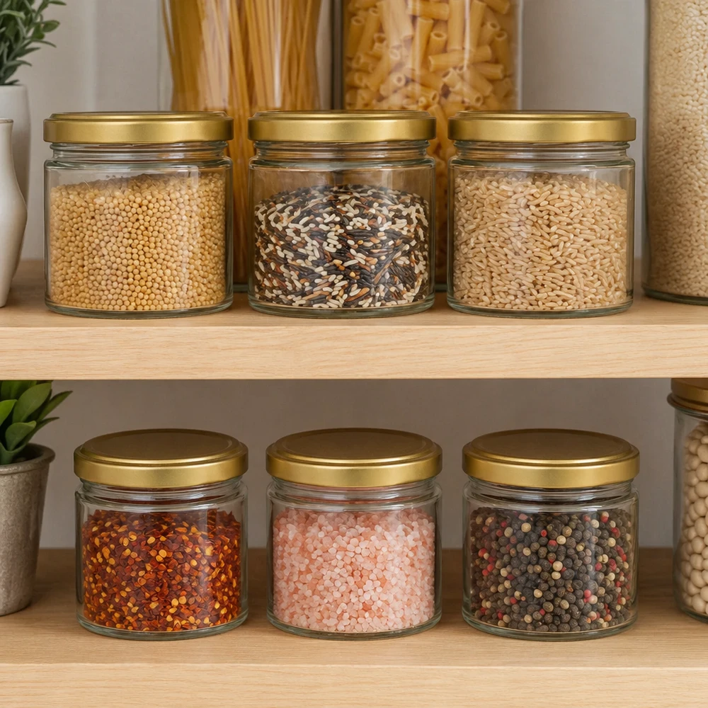 700g BasicSeal honingpot met gouden deksel op keukenplank voor het bewaren van kruiden en voedingsmiddelen