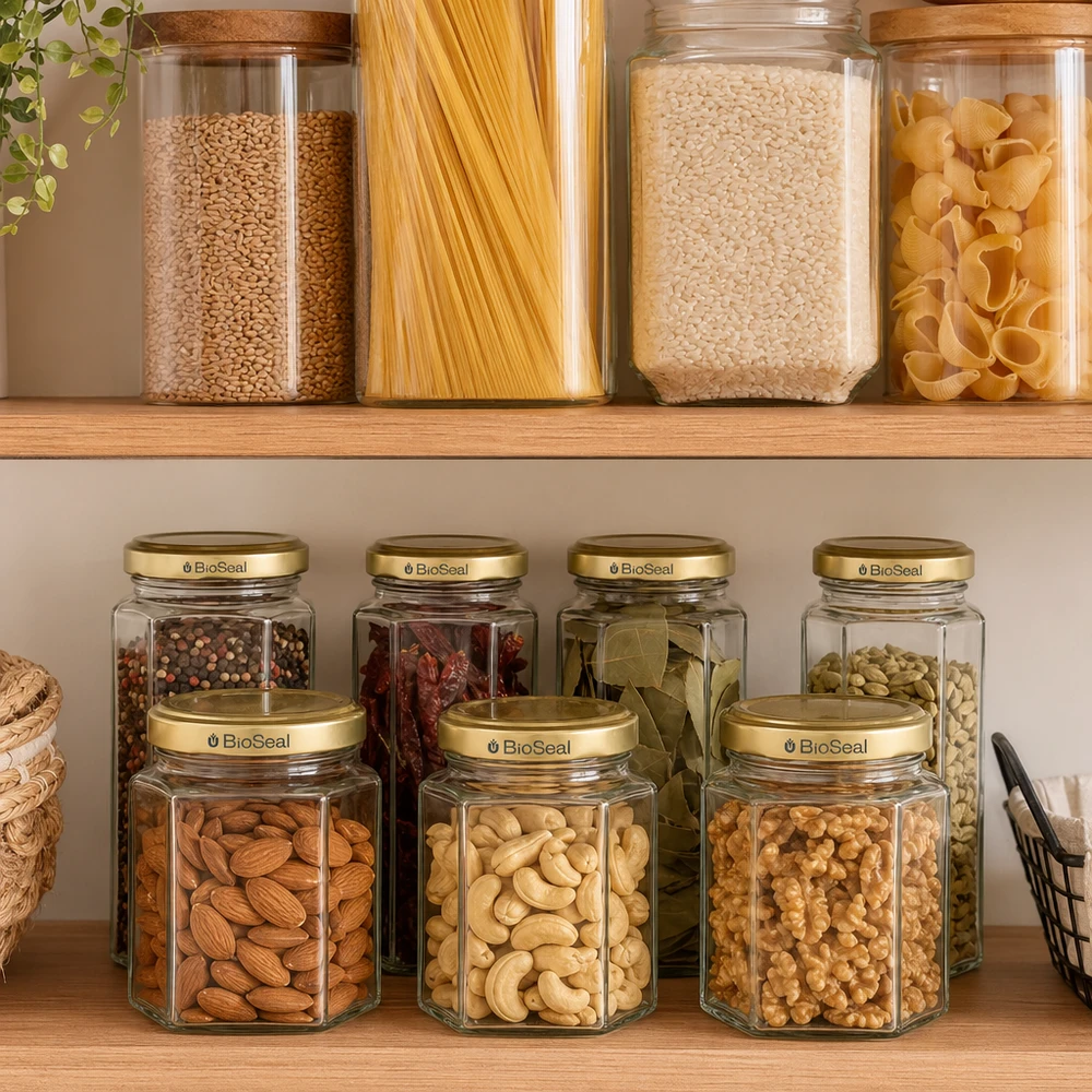 Honingpot 250 g met gouden BioSeal UNiTWIST-deksel 250g BioSeal zeshoekige honingpotten met gouden deksels als voorraadpotten voor noten en specerijen op keukenplanken