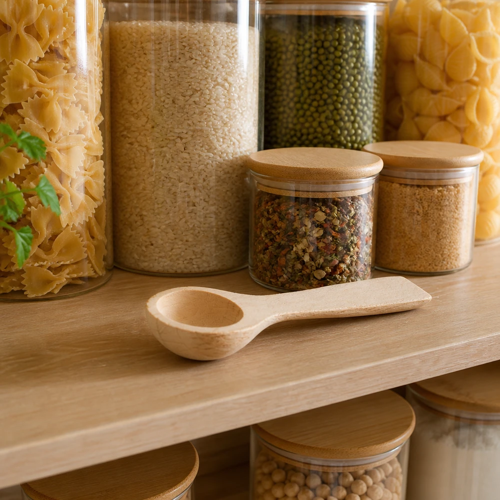 Houten schep S in voorraadkast keuken met pasta rijst linzen kruiden georganiseerde opslag duurzame keuken gadget