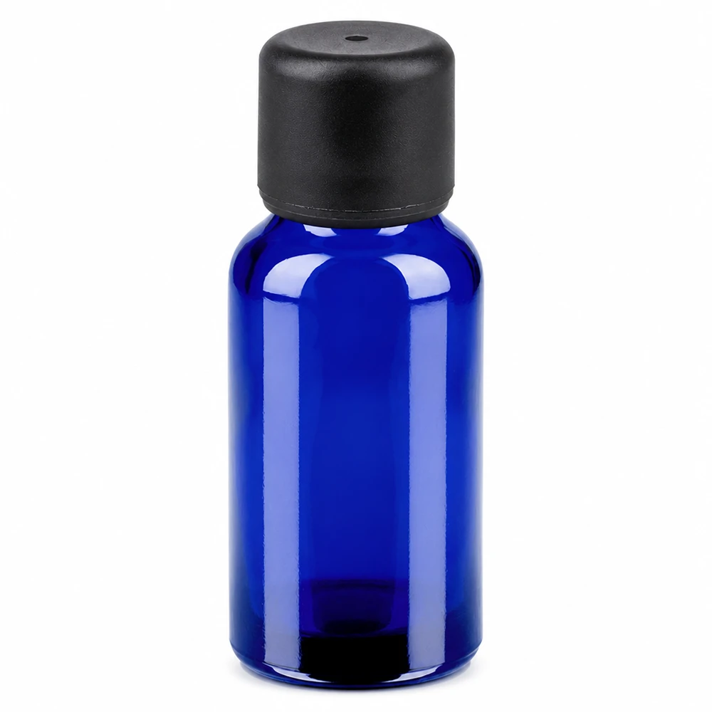 Compacte blauwe 20ml STD BlueLine fles met zwarte SV-dop voor mobiel gebruik