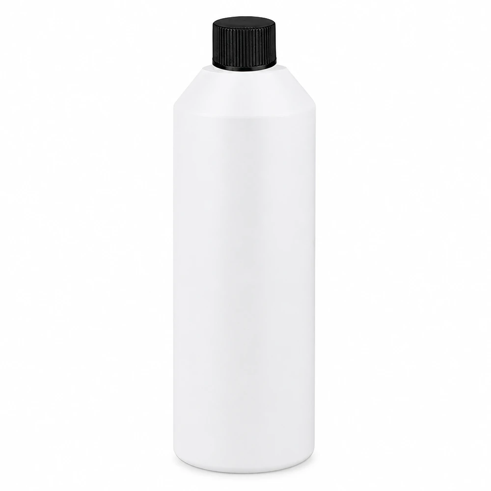Witte ronde fles van 250 ml, gemaakt van HDPE, met zwarte dop, ideaal voor de farmaceutische en cosmetische industrie