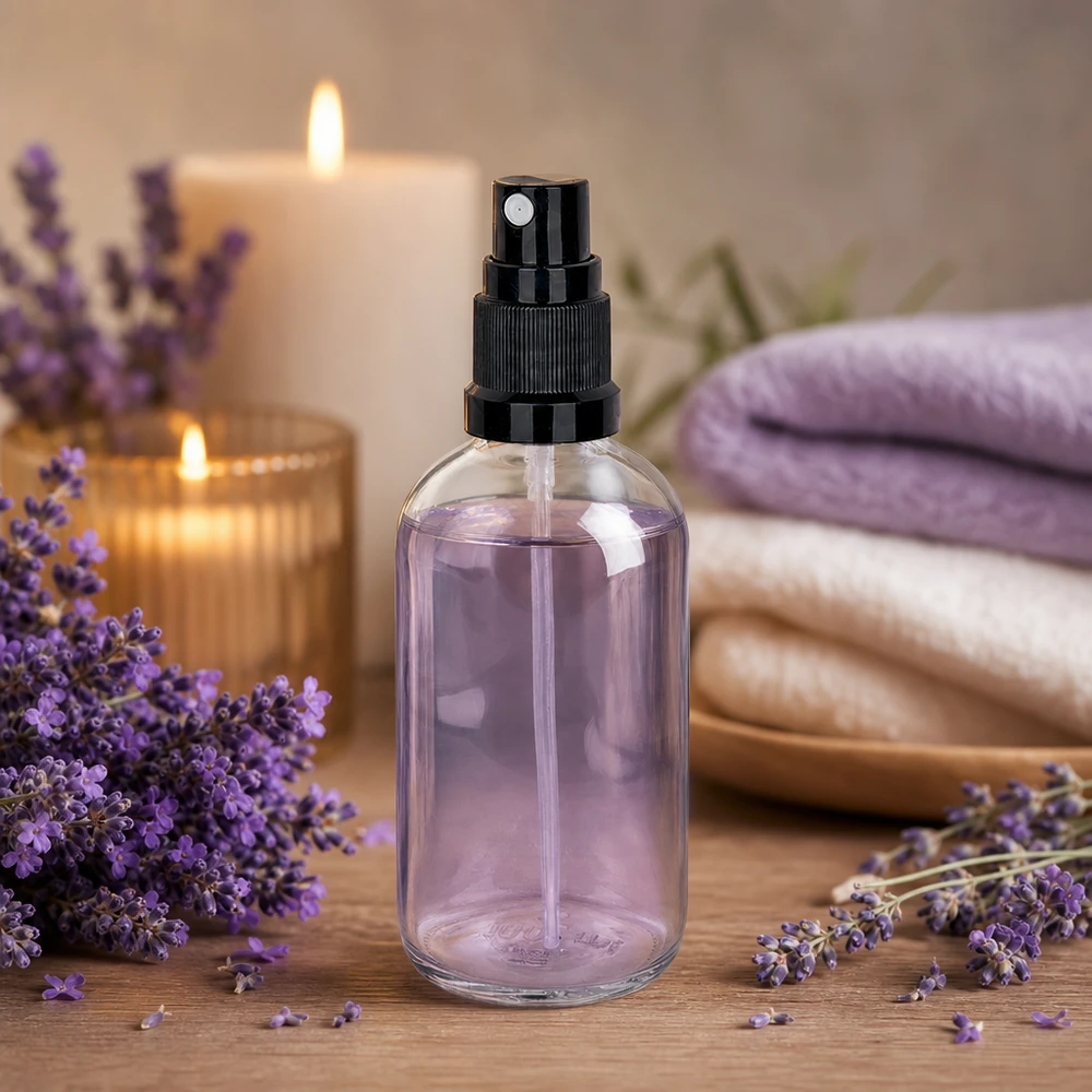 Glazen spuitfles van 100 ml met zwarte verstuiver op een houten tafel, omringd door lavendelbloemen