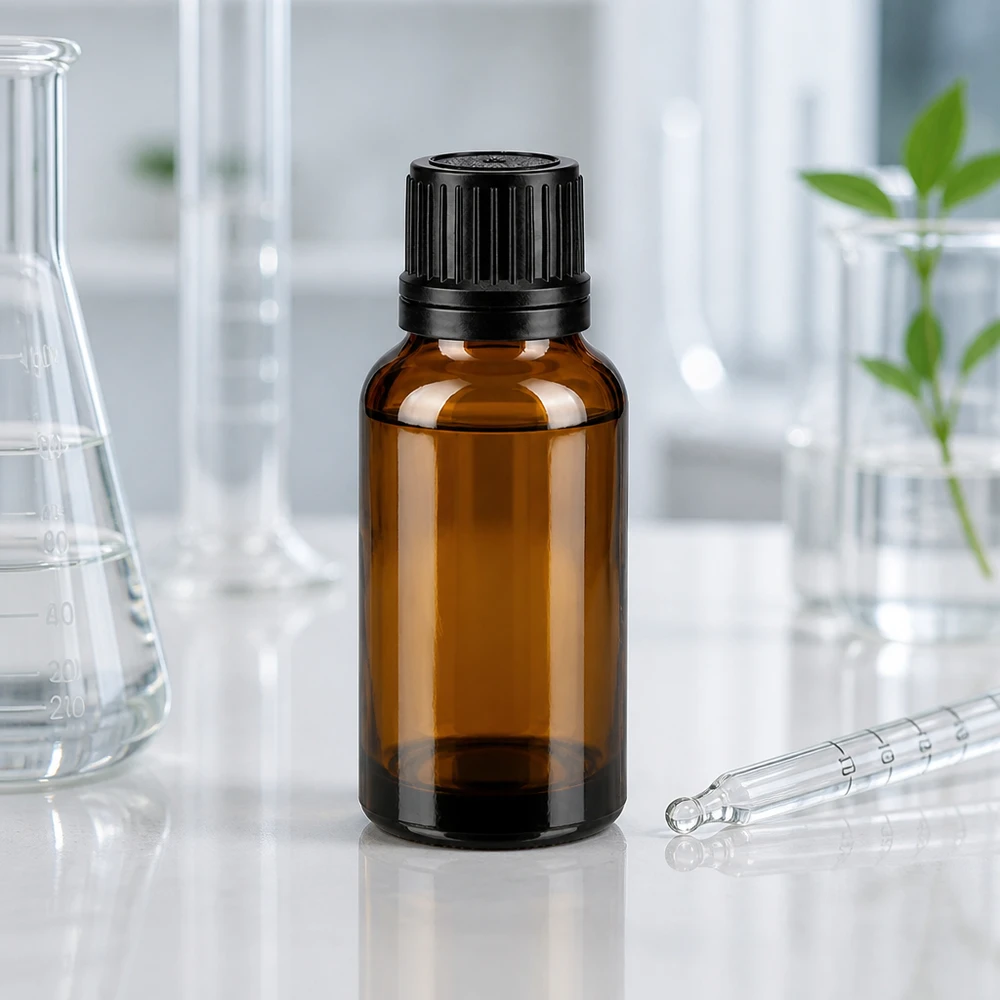 Bruine glazen fles van 20 ml met verzegeling naast een Erlenmeyer-kolf en een plant