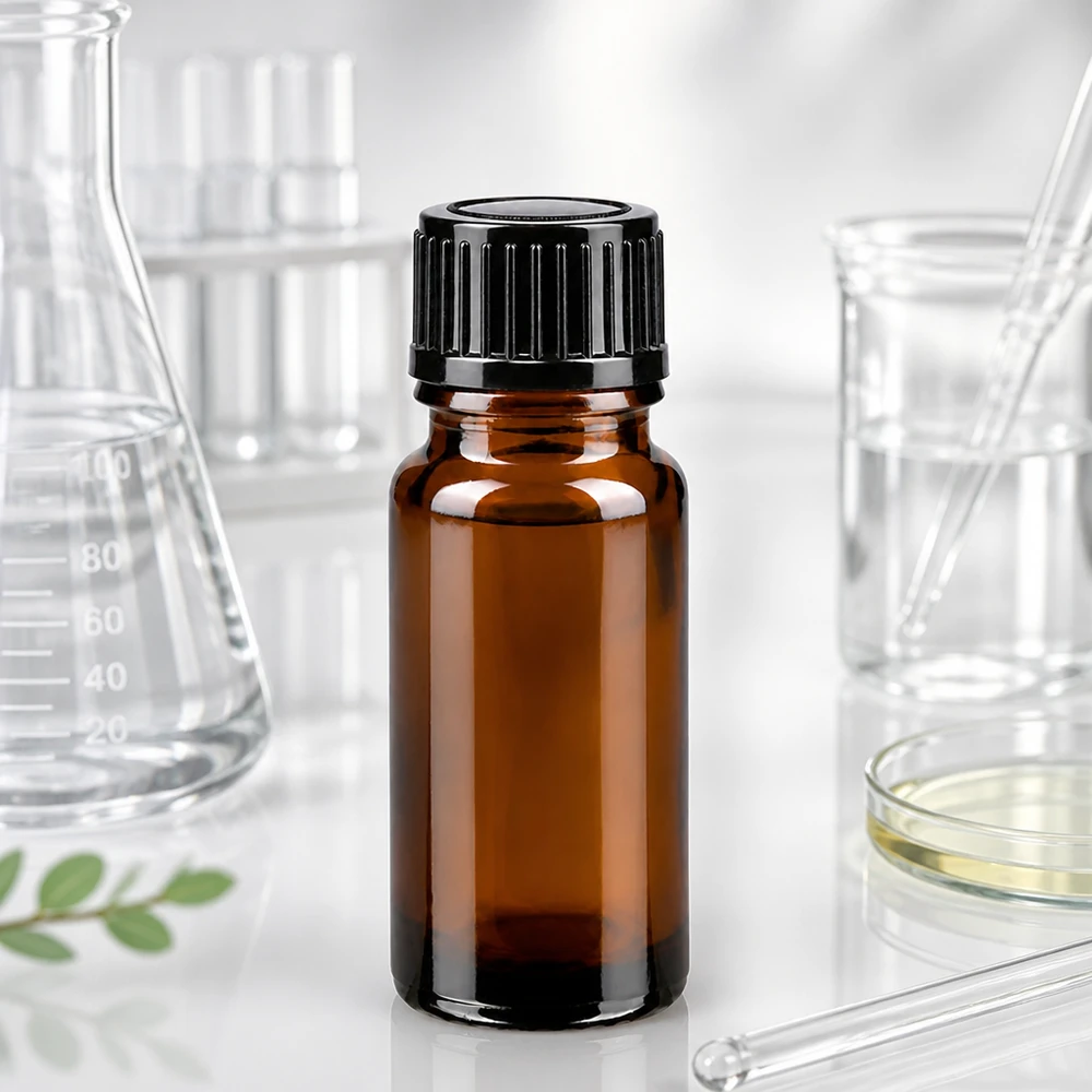 Bruine glazen fles van 10 ml met zwarte druppeldop STD naast een Erlenmeyer-kolf en een petrischaal