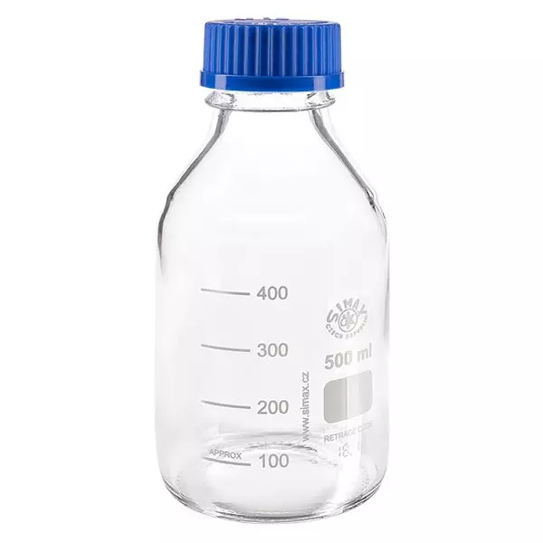 500 ml laboratoriumfles met schroefdraad + blauwe dop + ring