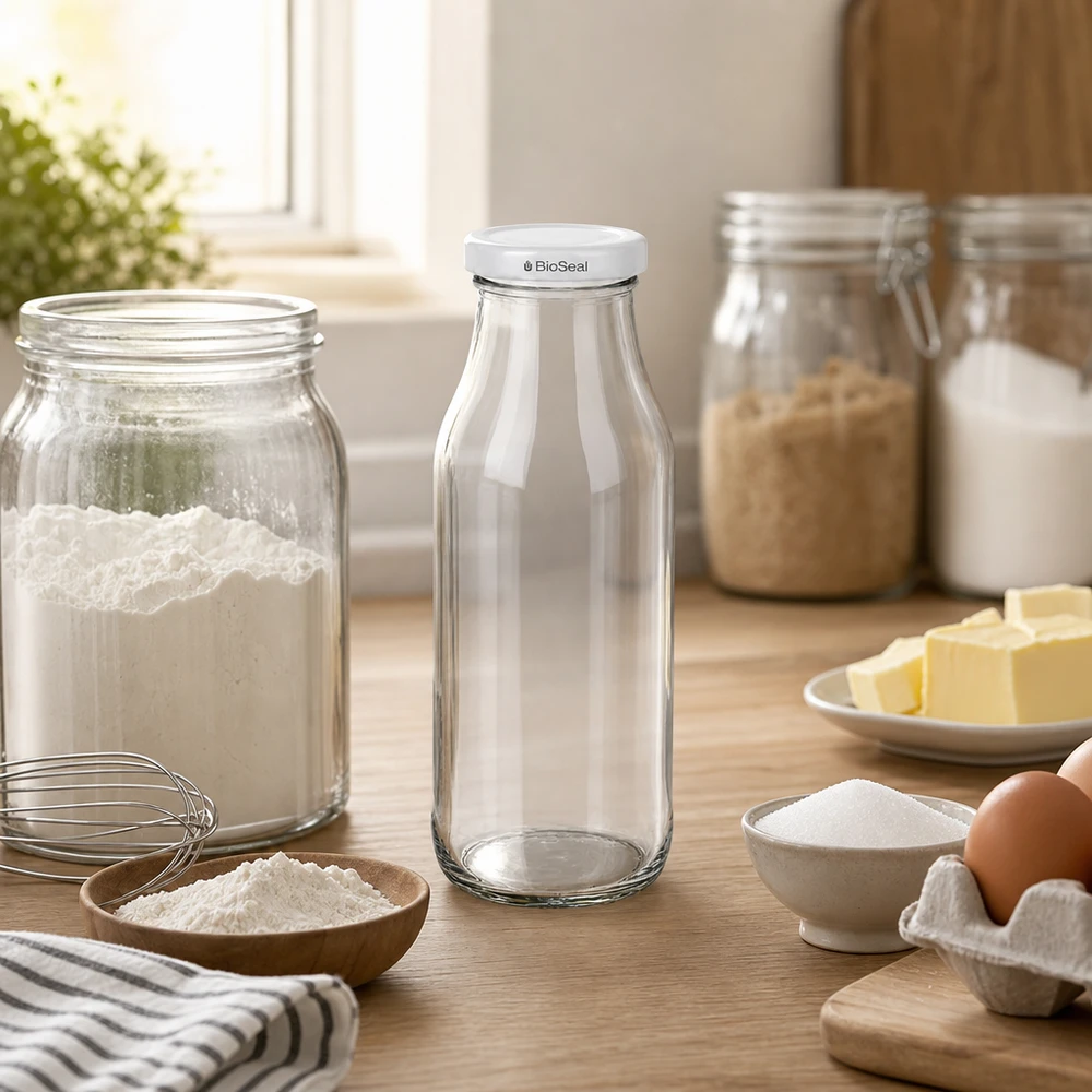 263ml fles met BioSeal deksel wit UNiTWIST UNiTWIST Fles263 lege glazen fles met wit BioSeal deksel op houten tafel tussen bakingrediënten en keukengerei