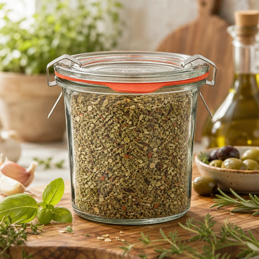 Compacte voorraadpot van 140 ml met een kruidenmix van oregano en tijm, voorzien van een glazen deksel