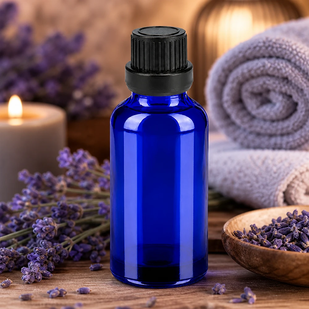 30ml 11mm SV zwart OV BlueLine UT18/30 30ml blauw apothekersflesje met kindveilige dop voor veilig bewaren