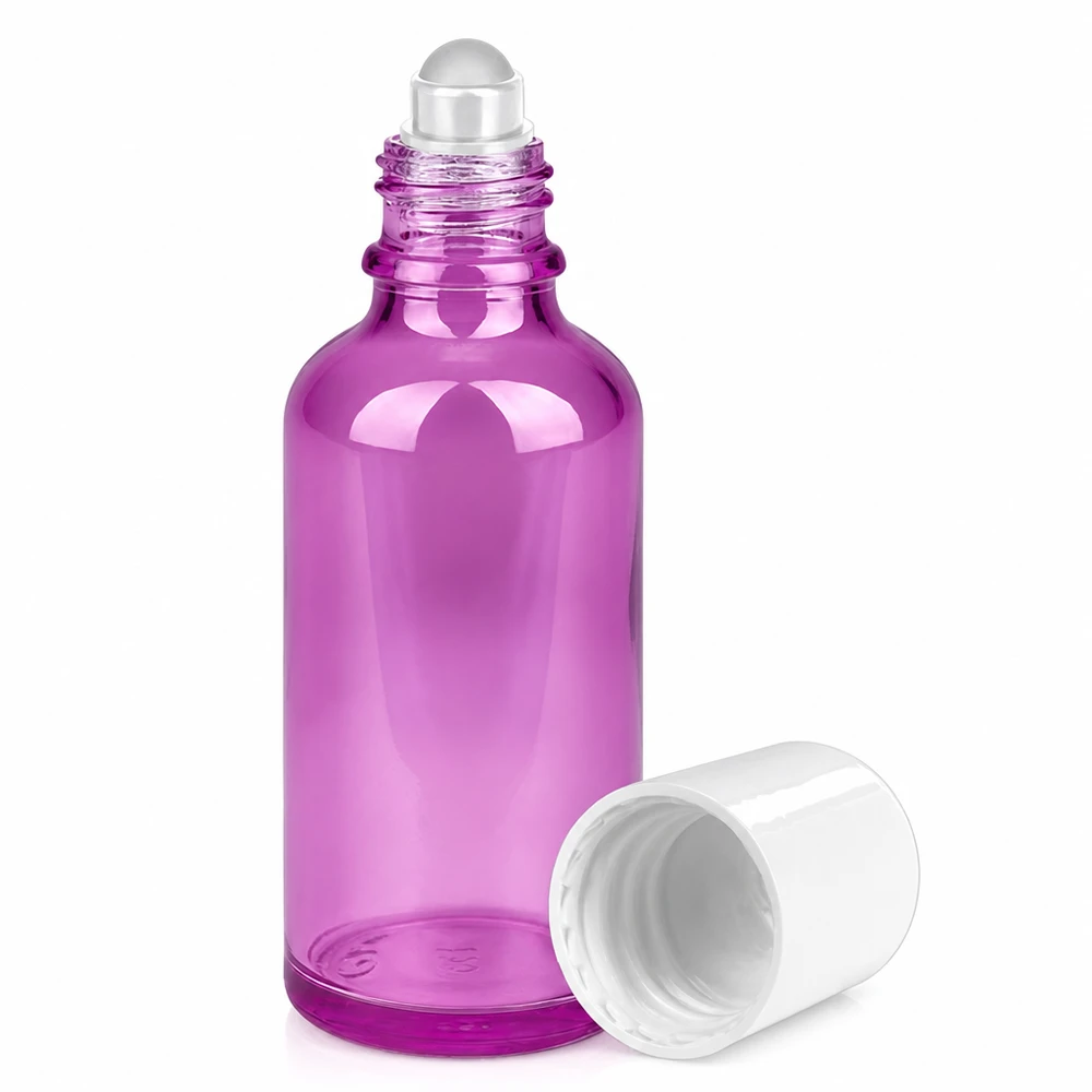 50ml violette glazen fles met rollerbal, ideaal voor parfumoliën en aromatherapie