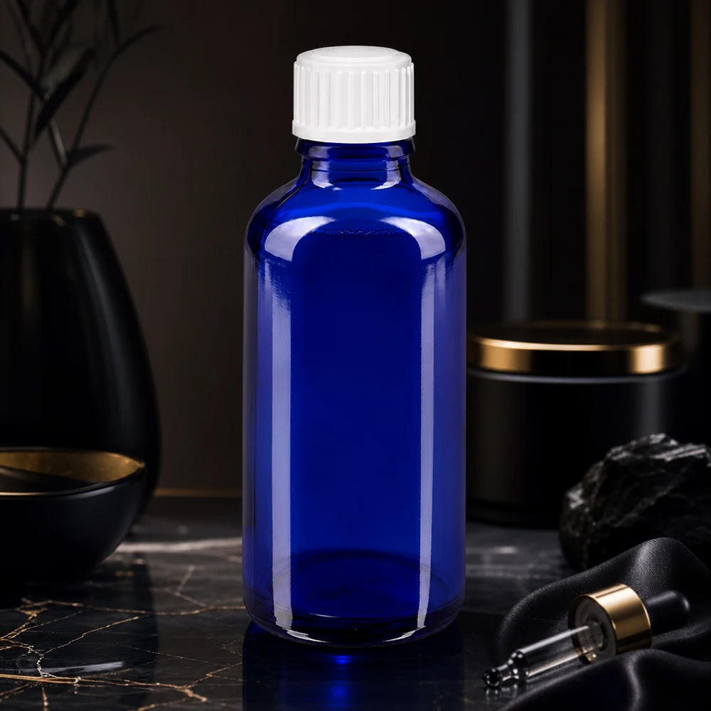 Blauwe glazen flessen 50ml met wit schroefsluiting globuli uitgietring St Donkerblauw apothekersglasflesje van 50 ml met een geribbelde witte dop tegen een elegante zwarte achtergrond