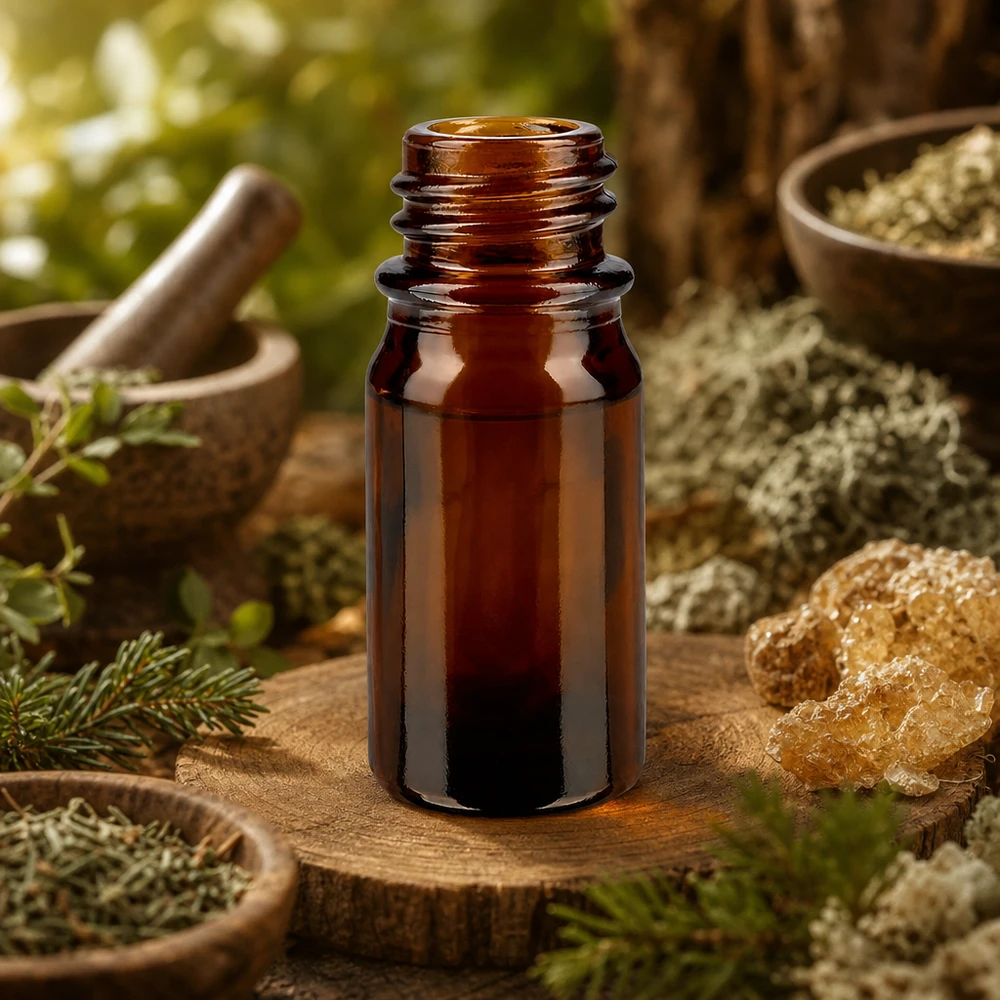 5ml bruin apothekersflesje ApoGlas op boomstam met natuurlijke kristallen kruiden en vijzel in bossfeer