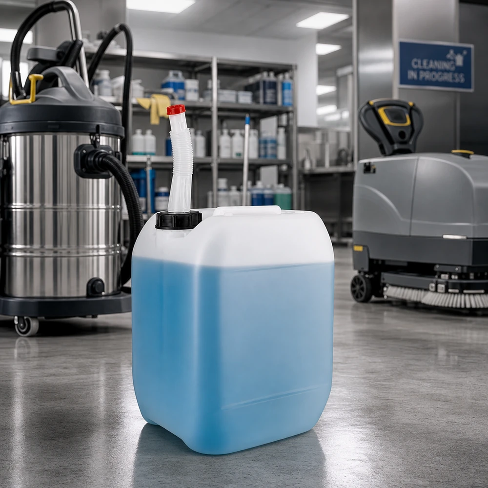 10l Jerrycan, UN-toelating, met aftapkraan flex Stapelbare kunststof jerrycan van 10 liter met uitloopbuis voor chemische reinigingsmiddelen